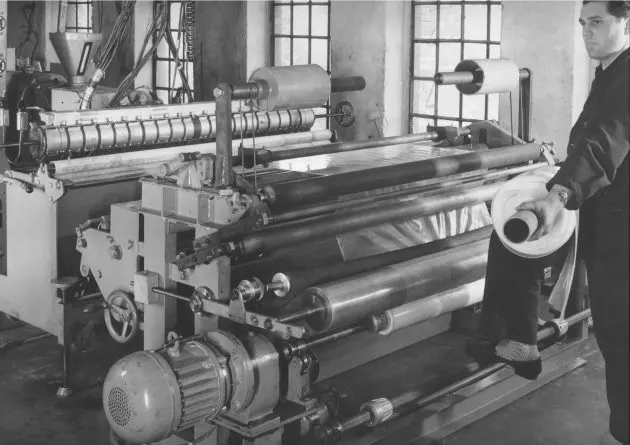 Roll winding machine in the seventies Roll winding machine