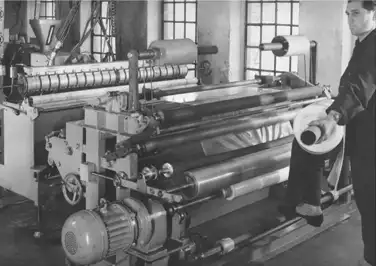 Roll winding machine in the seventies Roll winding machine